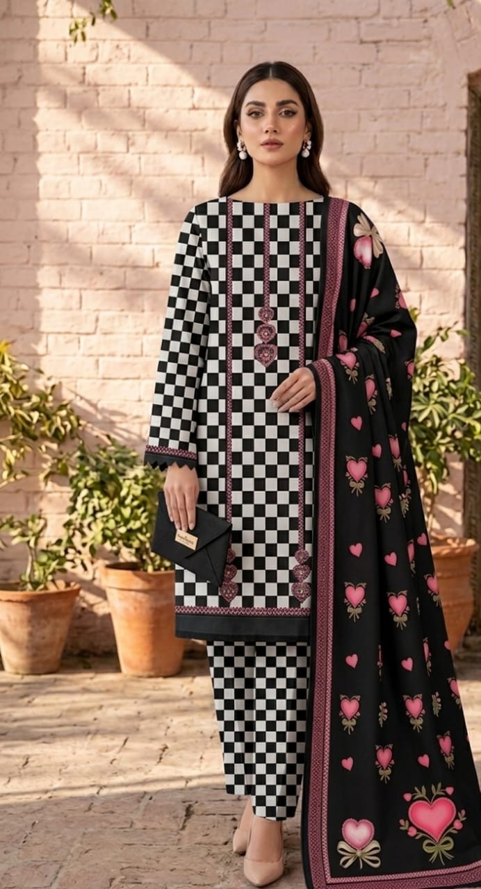 UNSTITCHED Monochrome Checkerboard & Heart-Printed Chiffon Ensemble